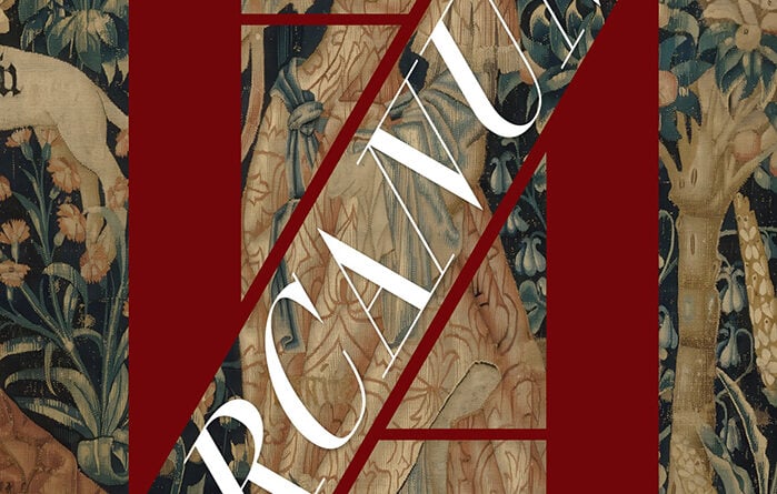 Cover of Whispers in the Forest by Kelly O’Hearn, Arcanum series book 2, featuring a medieval-style tapestry background with a woman playing a horn.